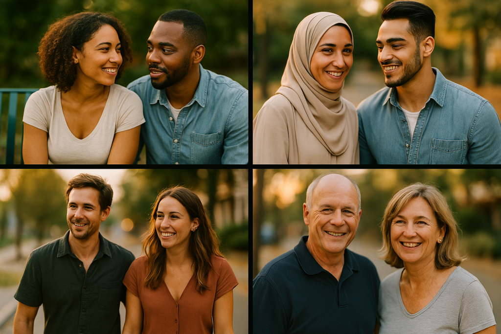 A collage of diverse couples, representing various successful missing spouse divorce cases.