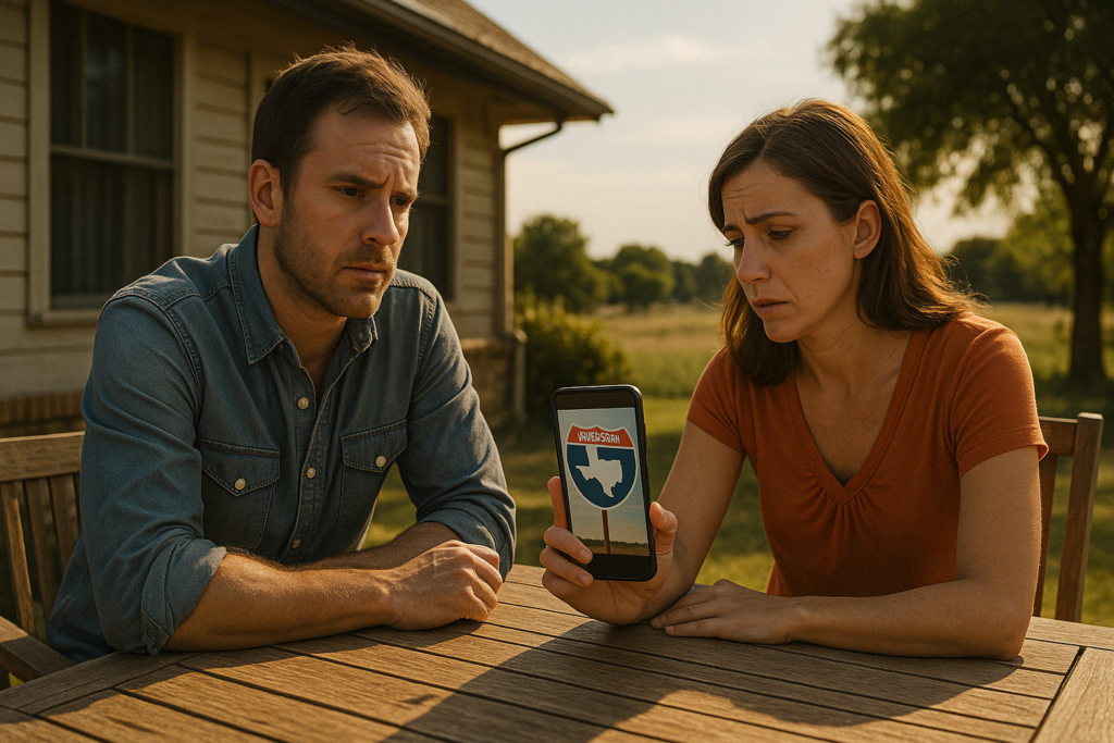 A conceptual image showing a couple discussing divorce while one spouse lives out of state.