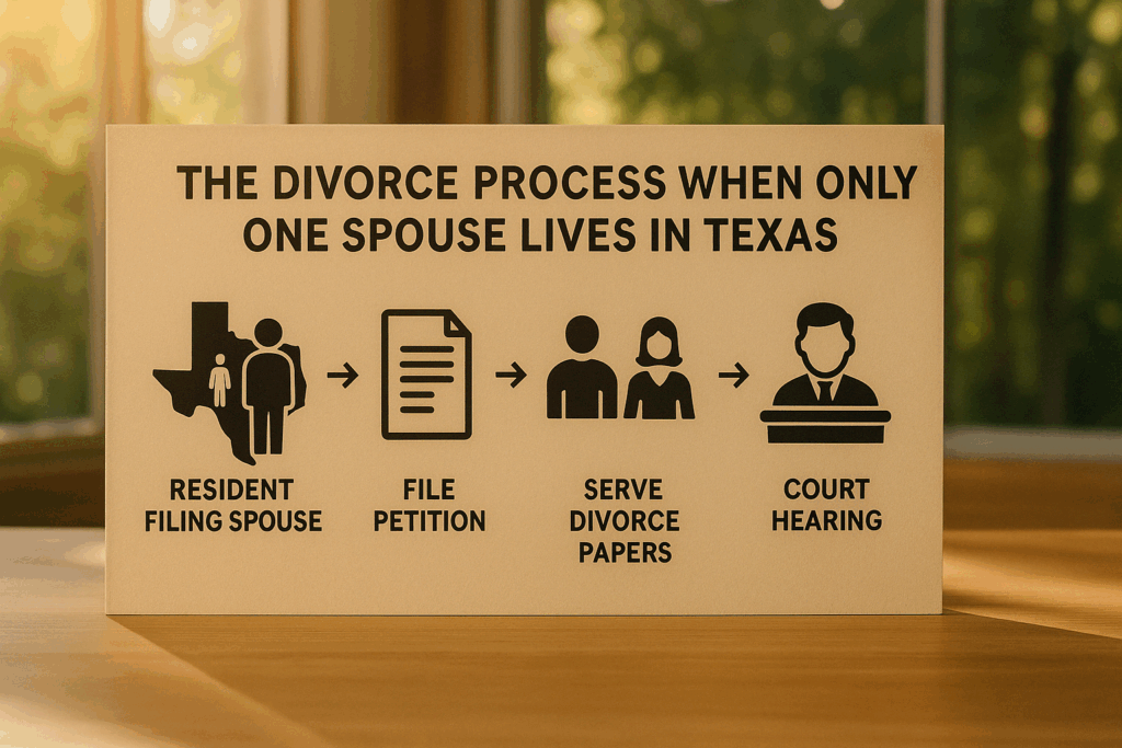 A depiction of the divorce process when only one spouse lives in Texas, showing the steps involved.