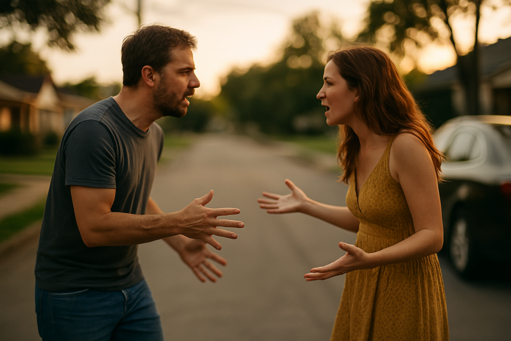 A blurred image of a couple in a heated discussion, showcasing the emotional turmoil that can lead to a spouse going missing after separation.