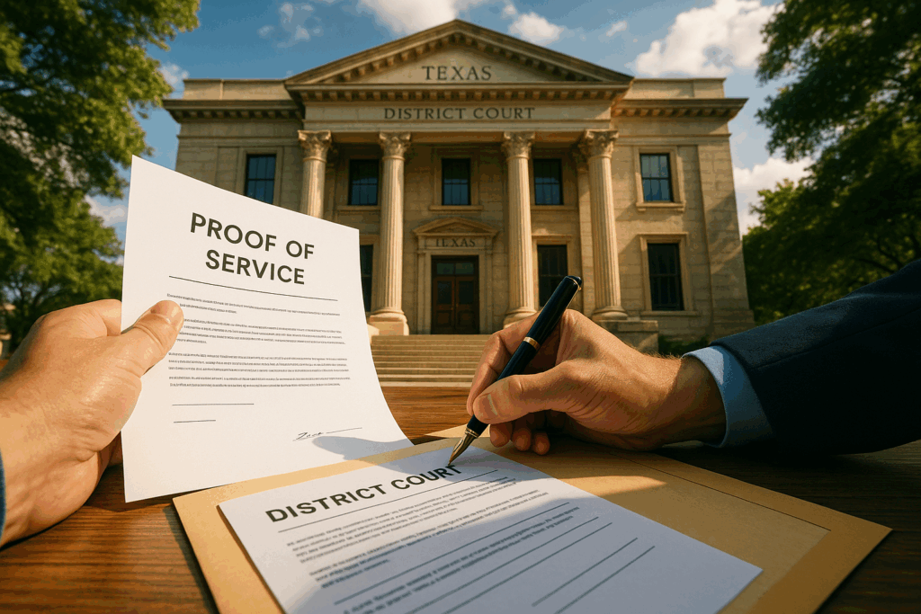 A representation of filing proof of service with a Texas court after serving divorce papers.
