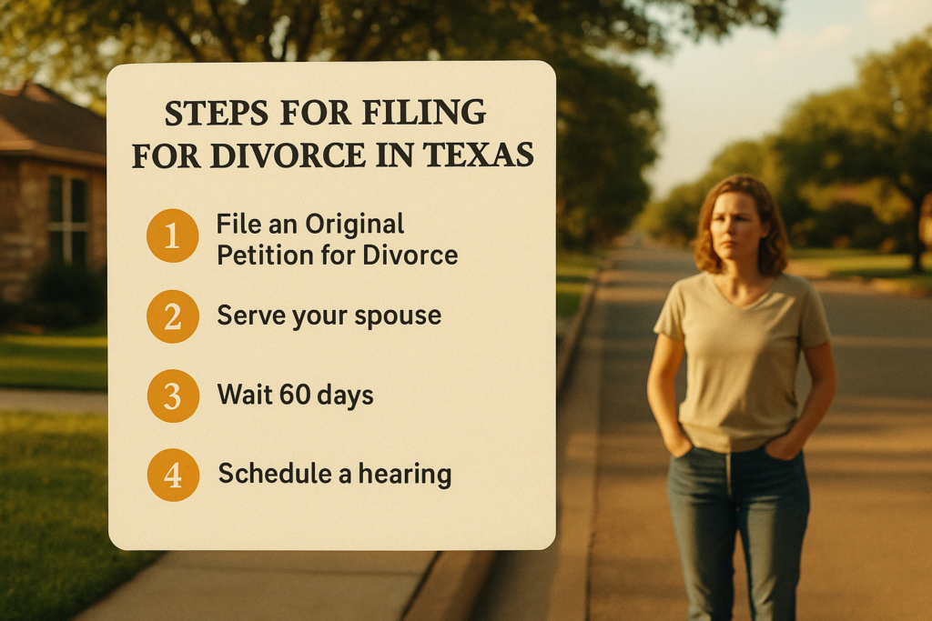 A step-by-step guide illustration on practical steps for filing for divorce in Texas.
