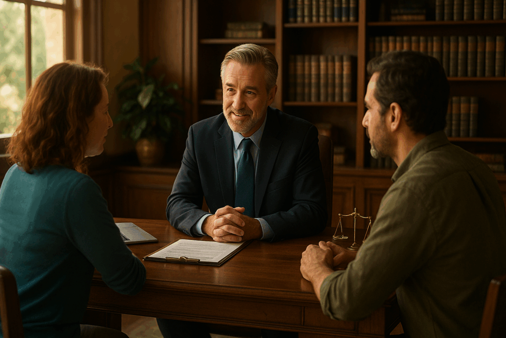 An experienced family law attorney assisting clients at a law office.