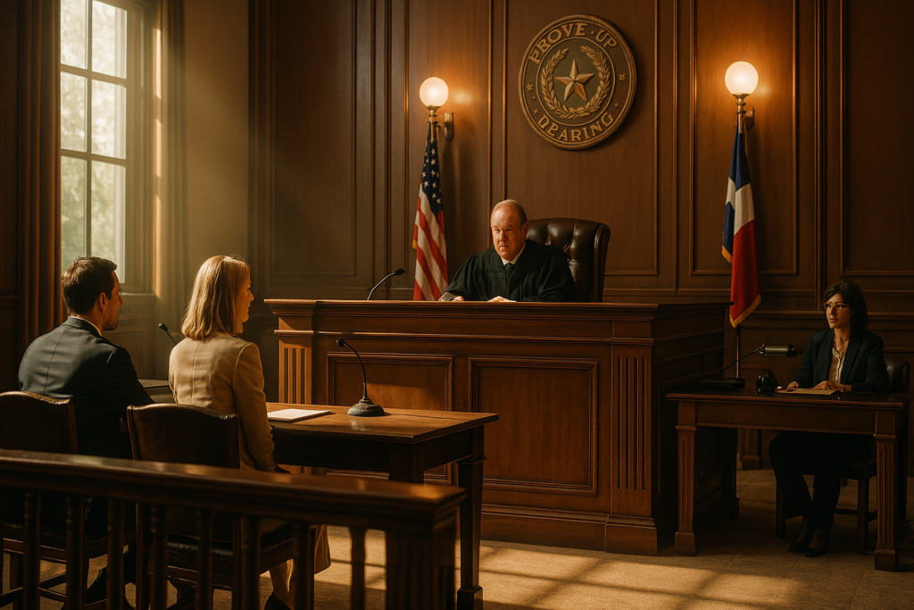 An illustration of a courtroom setting where a prove up hearing is taking place.