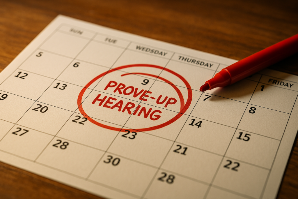 A calendar marked with a date for a prove up hearing, symbolizing the scheduling process.
