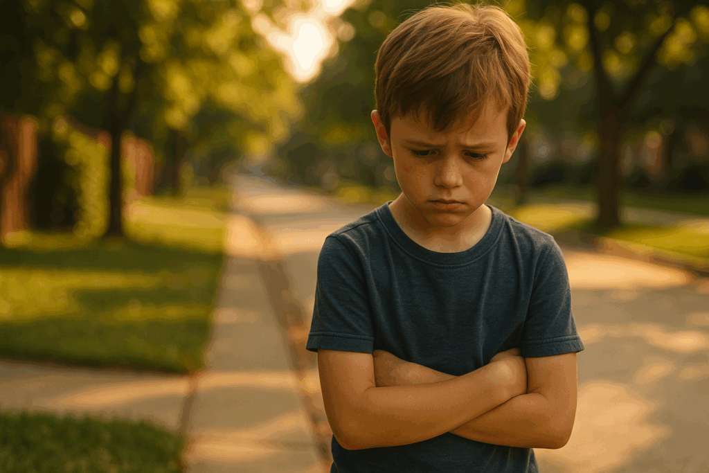 A child looking sad due to withholding visitation without just cause.
