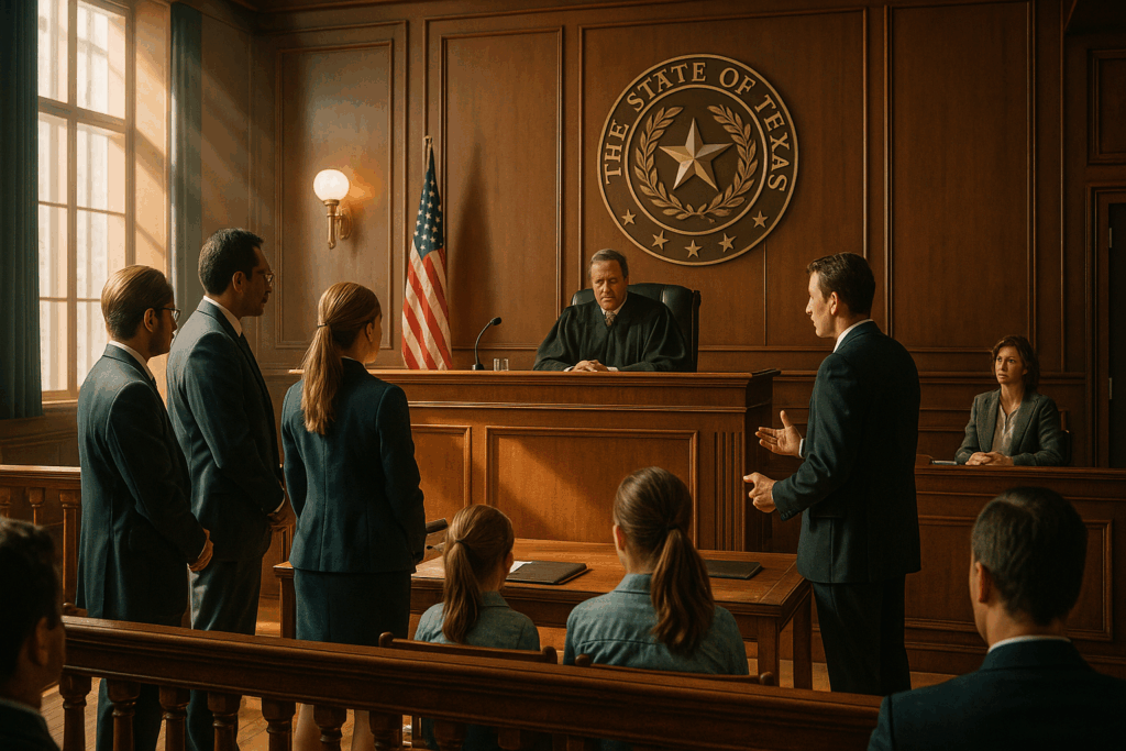 A courtroom scene illustrating a Texas custody case involving international aspects.
