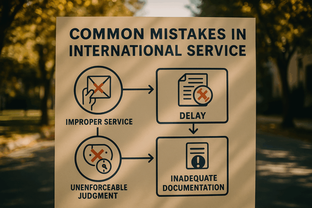A diagram showing common mistakes in international service of legal documents.