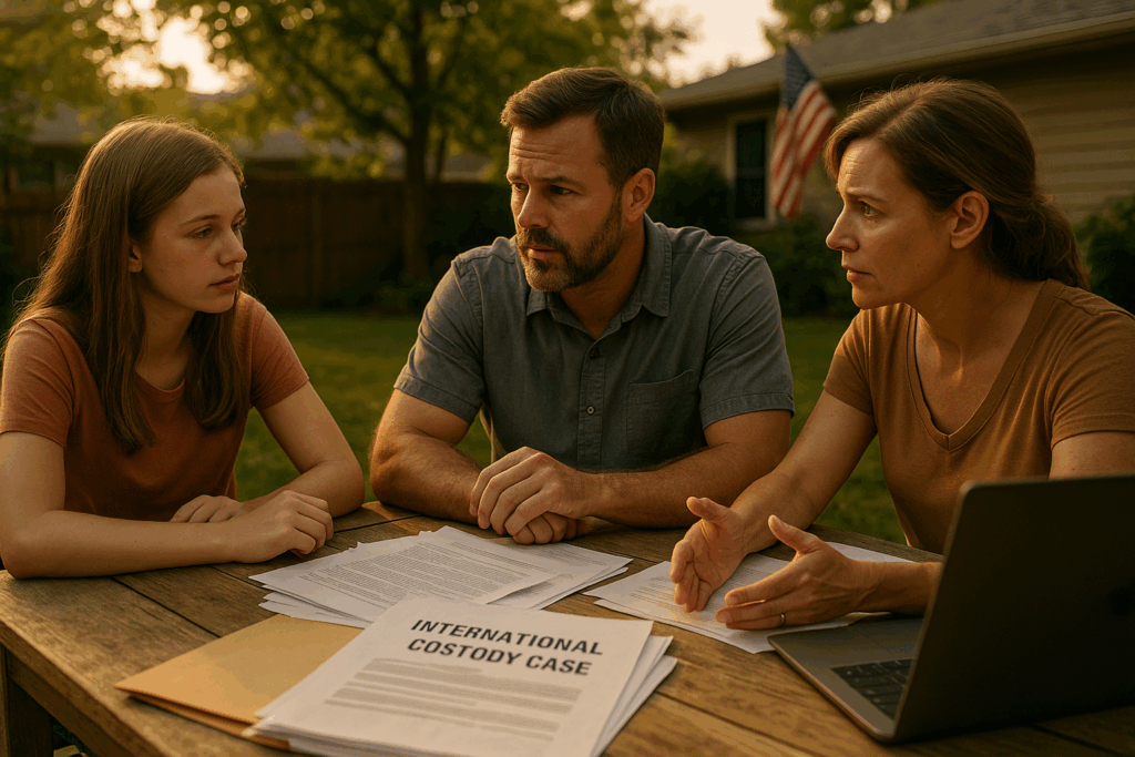 A family discussing challenges related to international child custody disputes.
