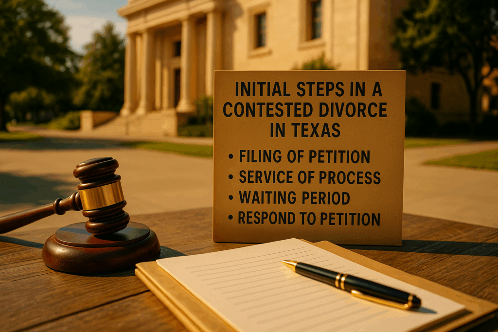 A visual representation of the initial steps in a contested divorce process in Texas.