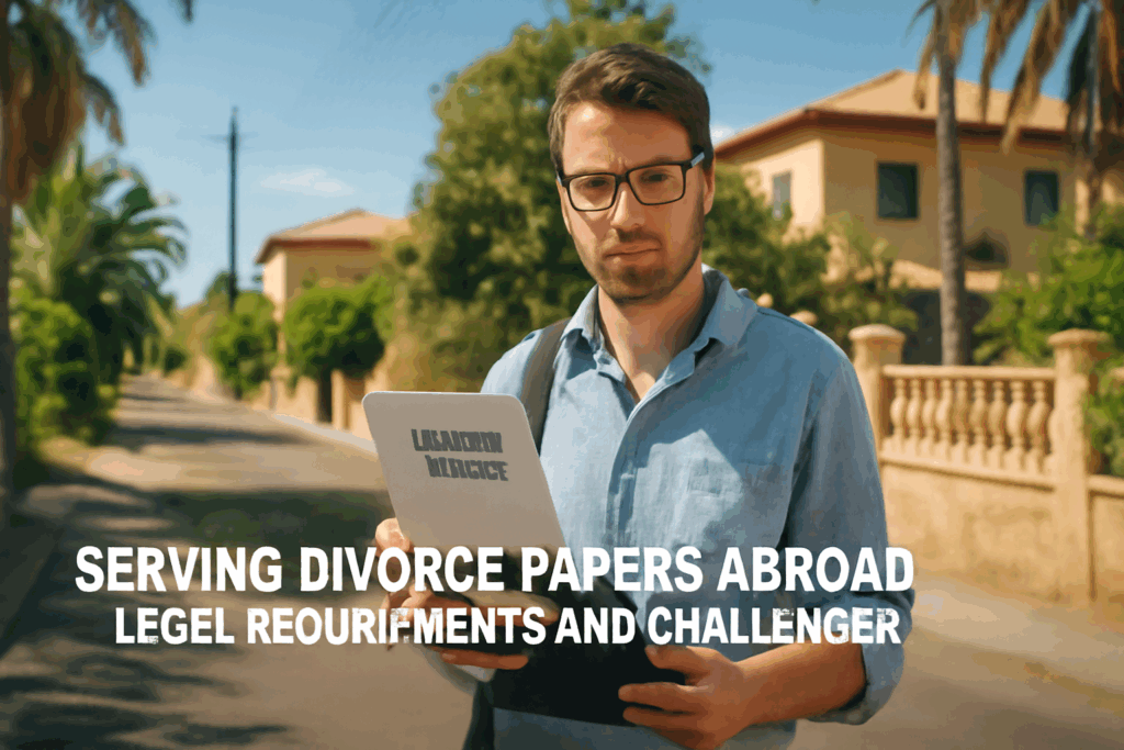 A visual summary of legal requirements and challenges in serving divorce papers abroad.