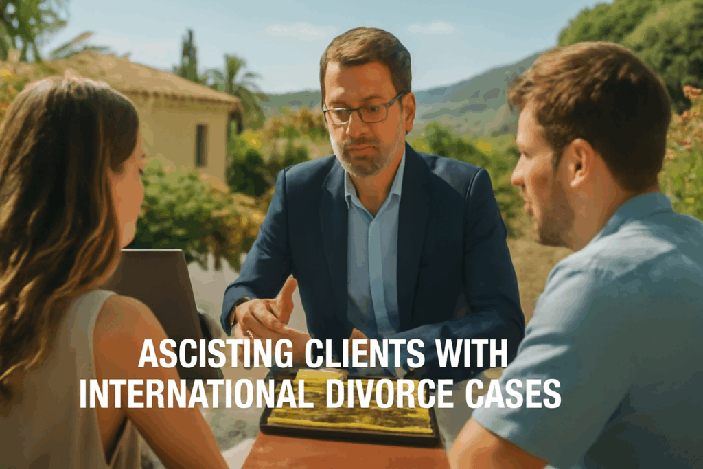 An image showing a family law attorney assisting clients with international divorce cases.