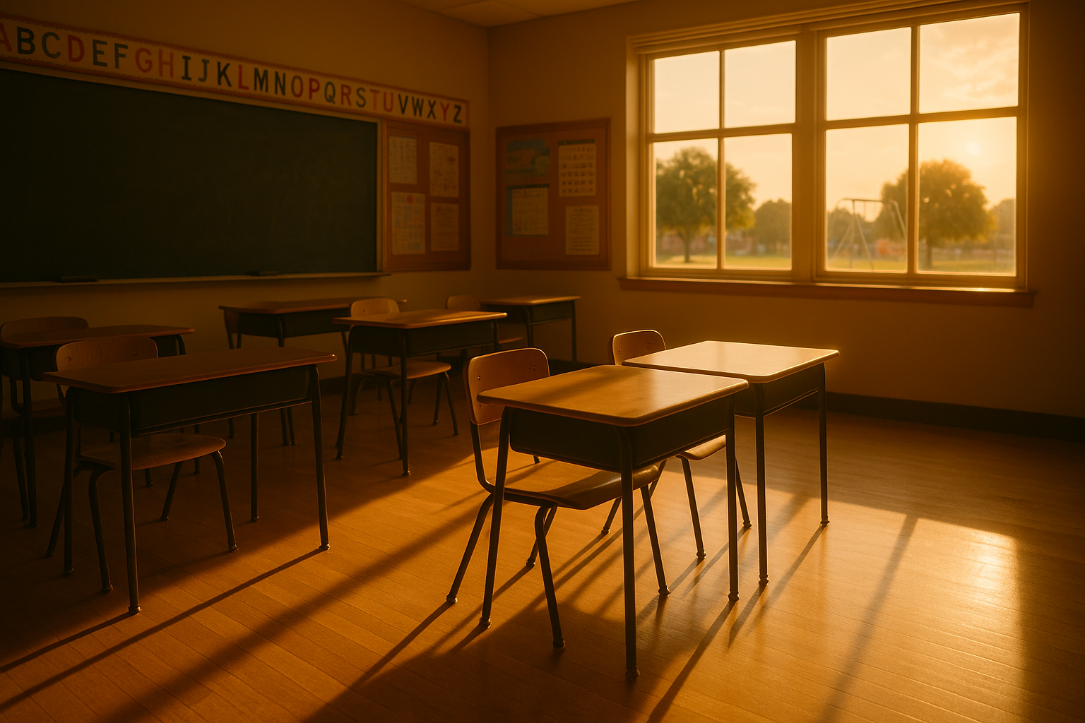 A cinematic, wide-angle view of a bright Texas classroom during summer, with two empty desks side-by-side near a sunlit window, suggesting change or absence.