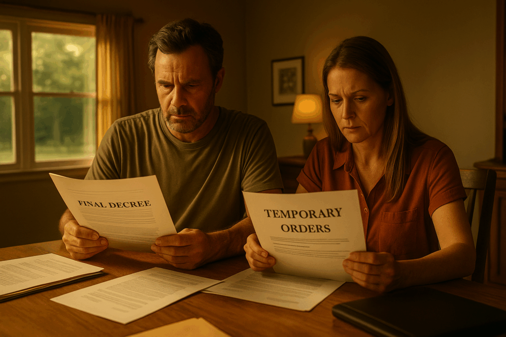 An image showcasing the impact of temporary orders and final decrees in a divorce case. What Is An Appearance in a Texas Divorce