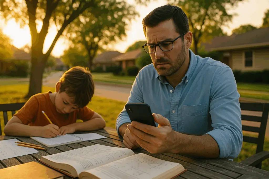 A father helps his child with math homework outdoors at sunset while reading a text, illustrating the emotional and logistical challenges of co-parenting during a Texas divorce.