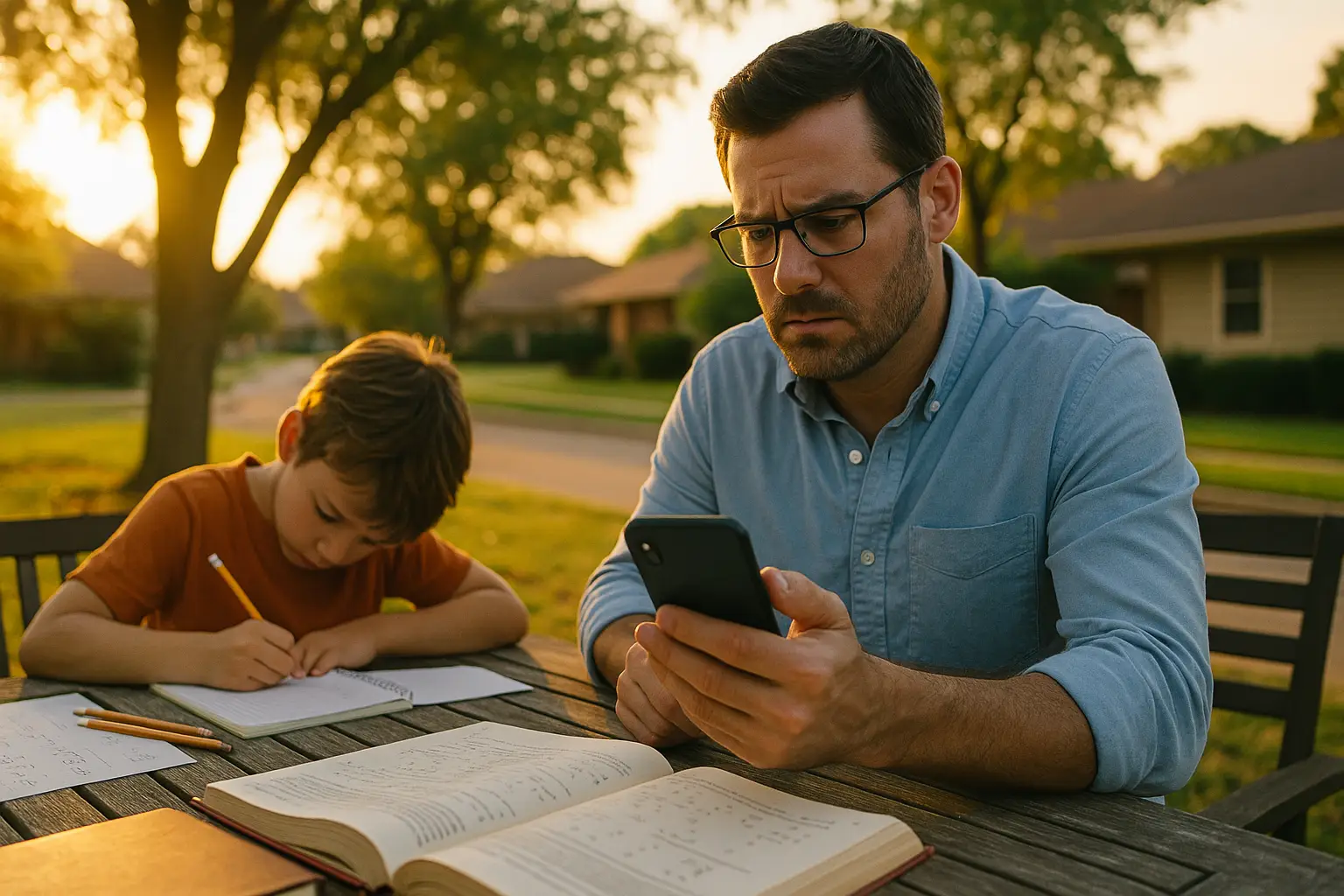 A father helps his child with math homework outdoors at sunset while reading a text, illustrating the emotional and logistical challenges of co-parenting during a Texas divorce.