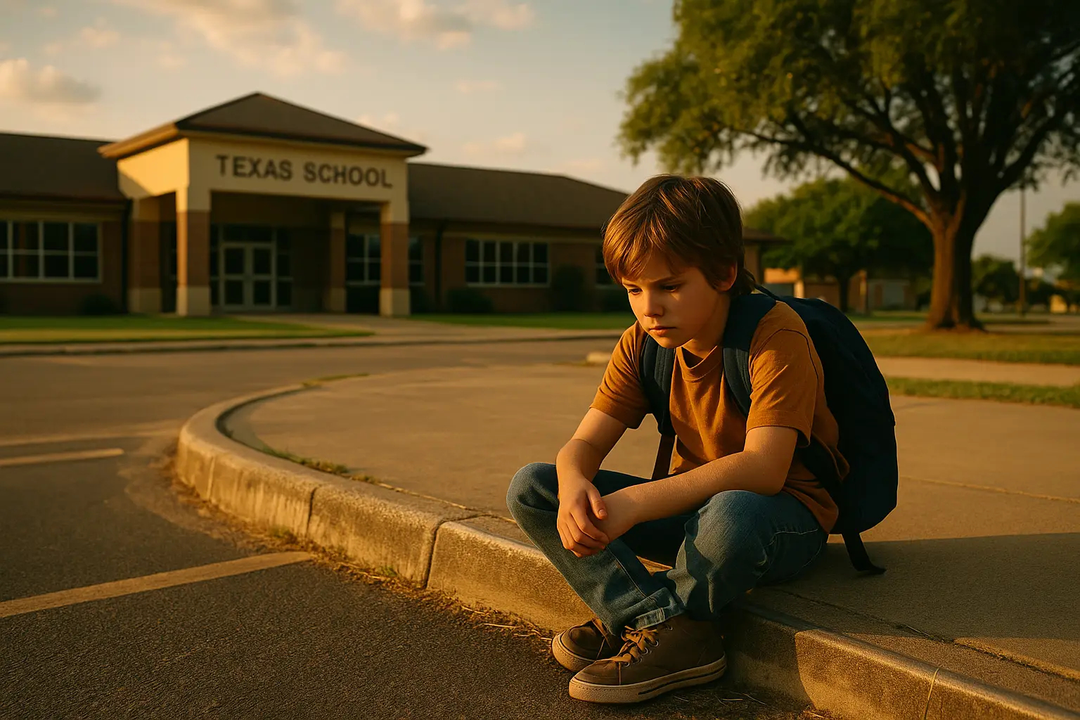 A young boy with a backpack sits alone on a curb outside a Texas school, looking sad and contemplative, representing the emotional impact of divorce on academic stability.