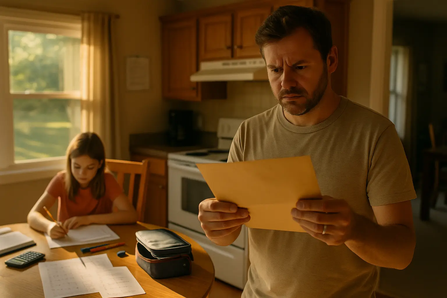 Father reading legal envelope while daughter does homework at kitchen table during summer afternoon—symbolizing the stress of navigating divorce while parenting.
