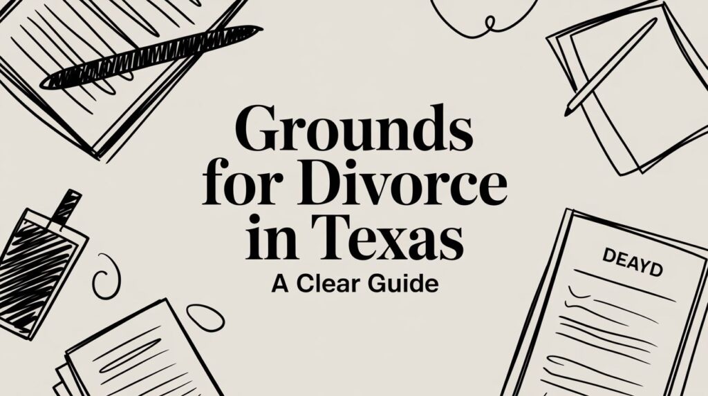 Grounds for Divorce in Texas graphic featuring legal documents, a pen, and a notepad, illustrating the topic of fault divorce and legal proceedings.