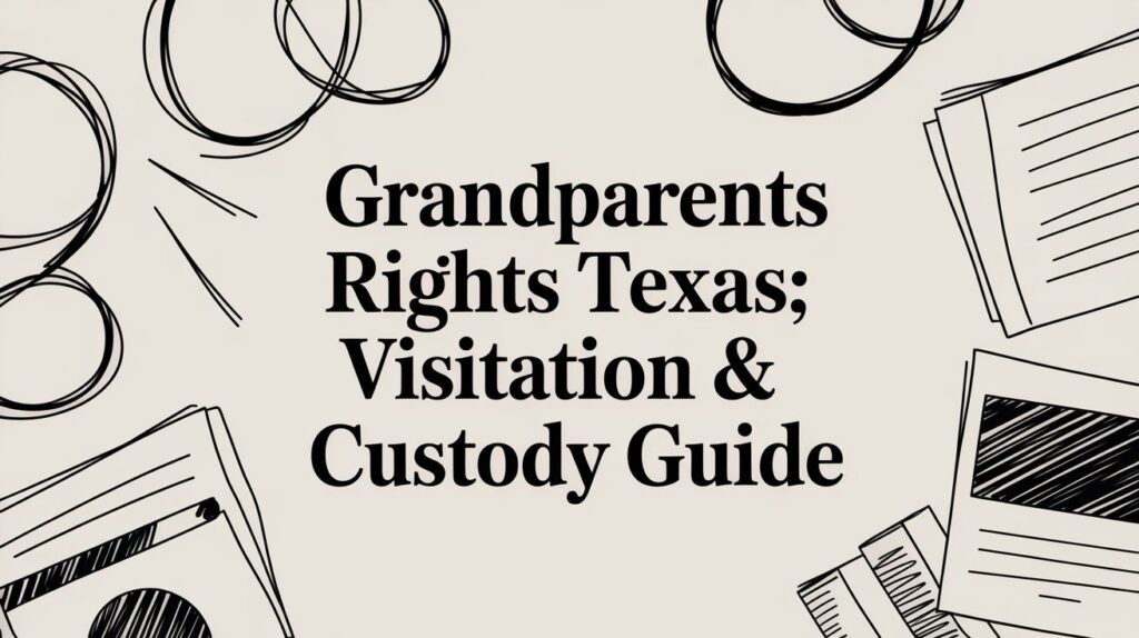 Grandparents Rights Texas; Visitation & Custody Guide with illustrative design elements symbolizing family law and legal documents.