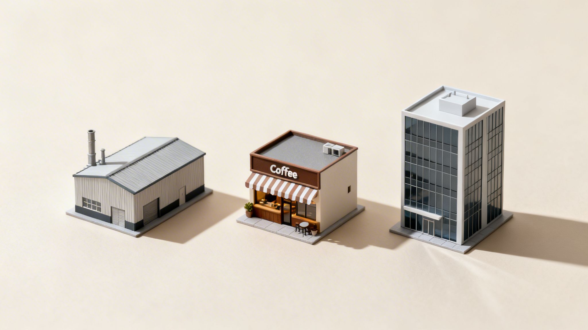 Three miniature models: a factory, a coffee shop, and an office building in a row.