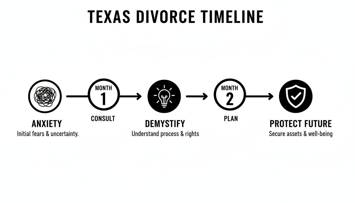 A Texas divorce timeline illustrating 5 steps: Anxiety, Consult, Demystify, Plan, and Protect Future.