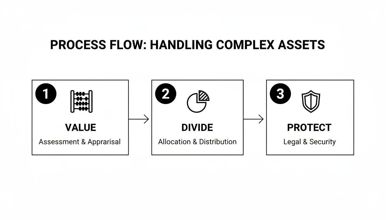 A three-step process flow for handling complex assets, including valuing, dividing, and protecting them.