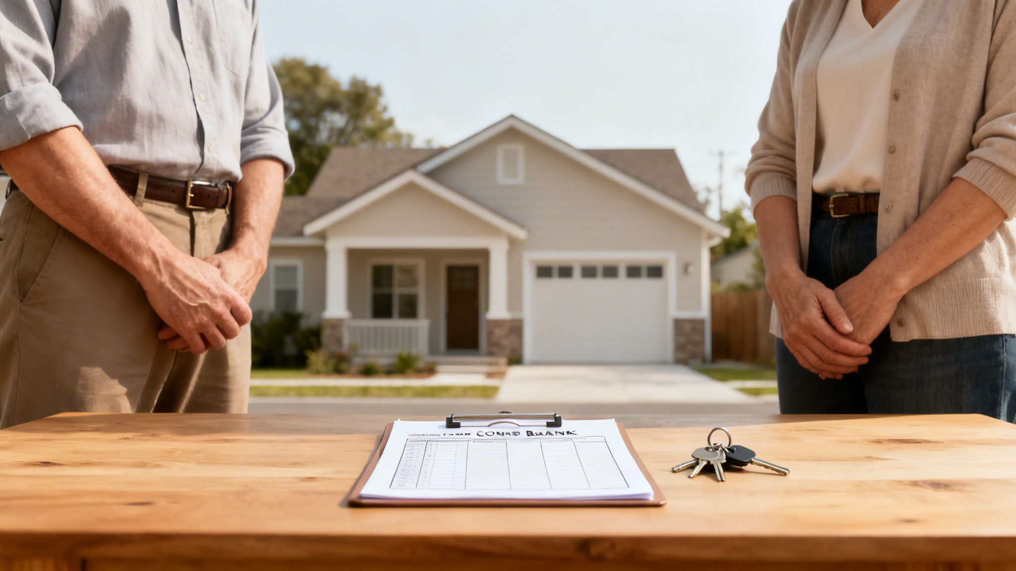 A couple stands in front of a new house with real estate documents and keys on a table.