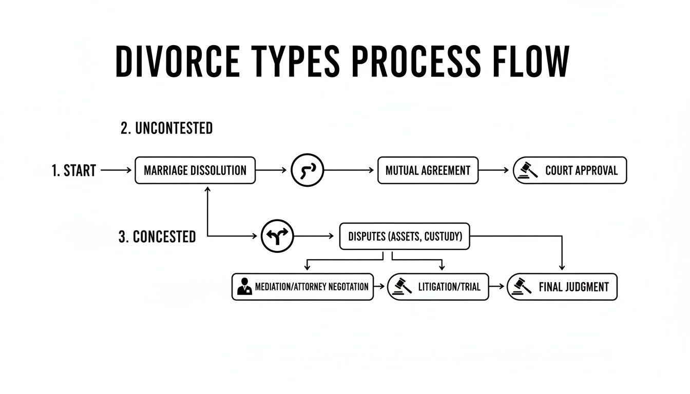 Flowchart illustrating the process for uncontested and contested divorce types, from start to final judgment.