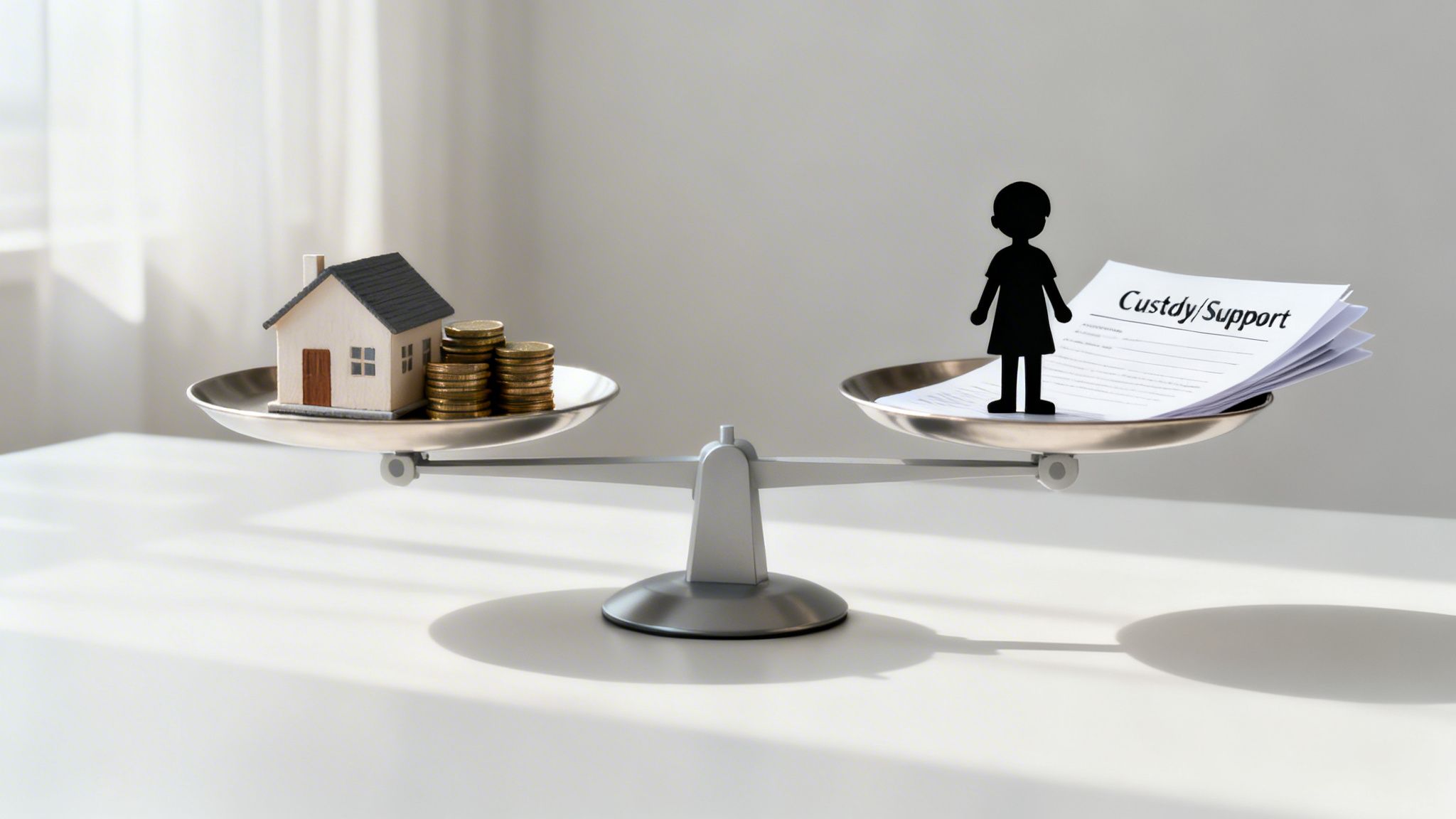 A balance scale weighing a miniature house and coins against a child figure and custody/support documents.