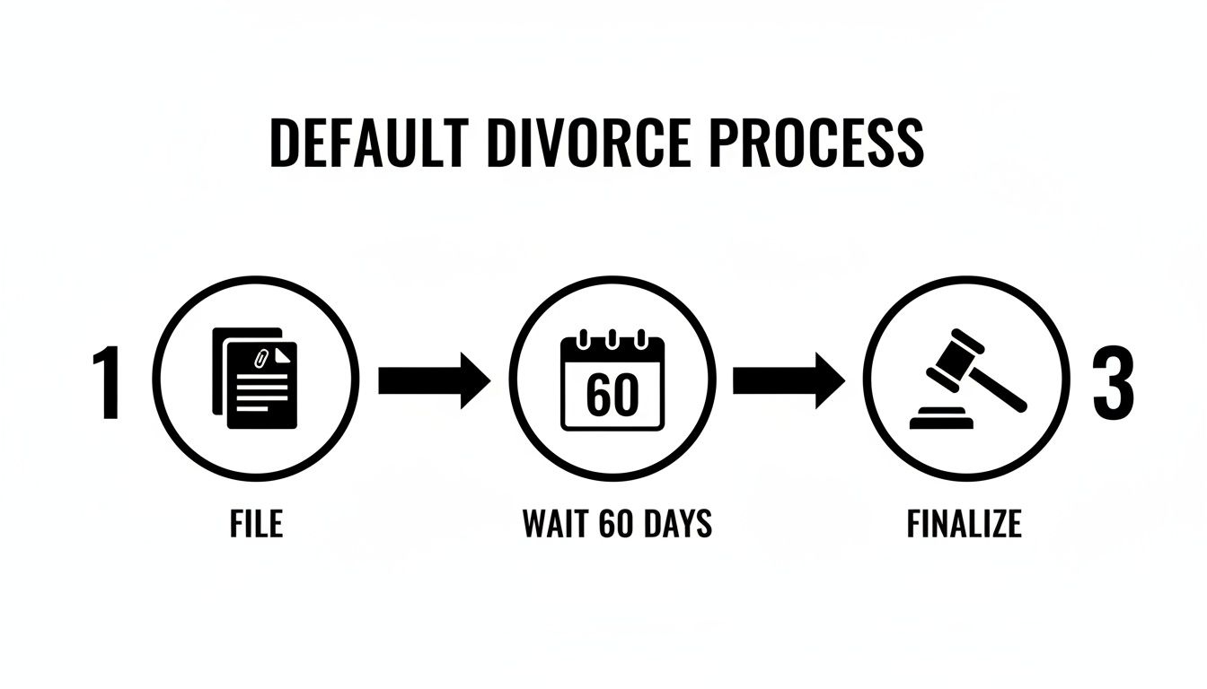 A default divorce process flowchart showing three steps: file, wait 60 days, and finalize.