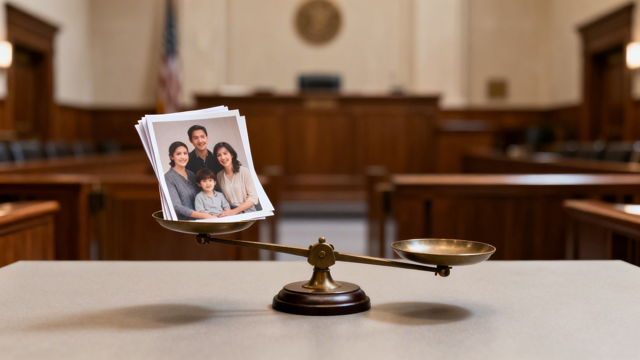 A stack of family photos on a balance scale in a blurred courtroom setting.