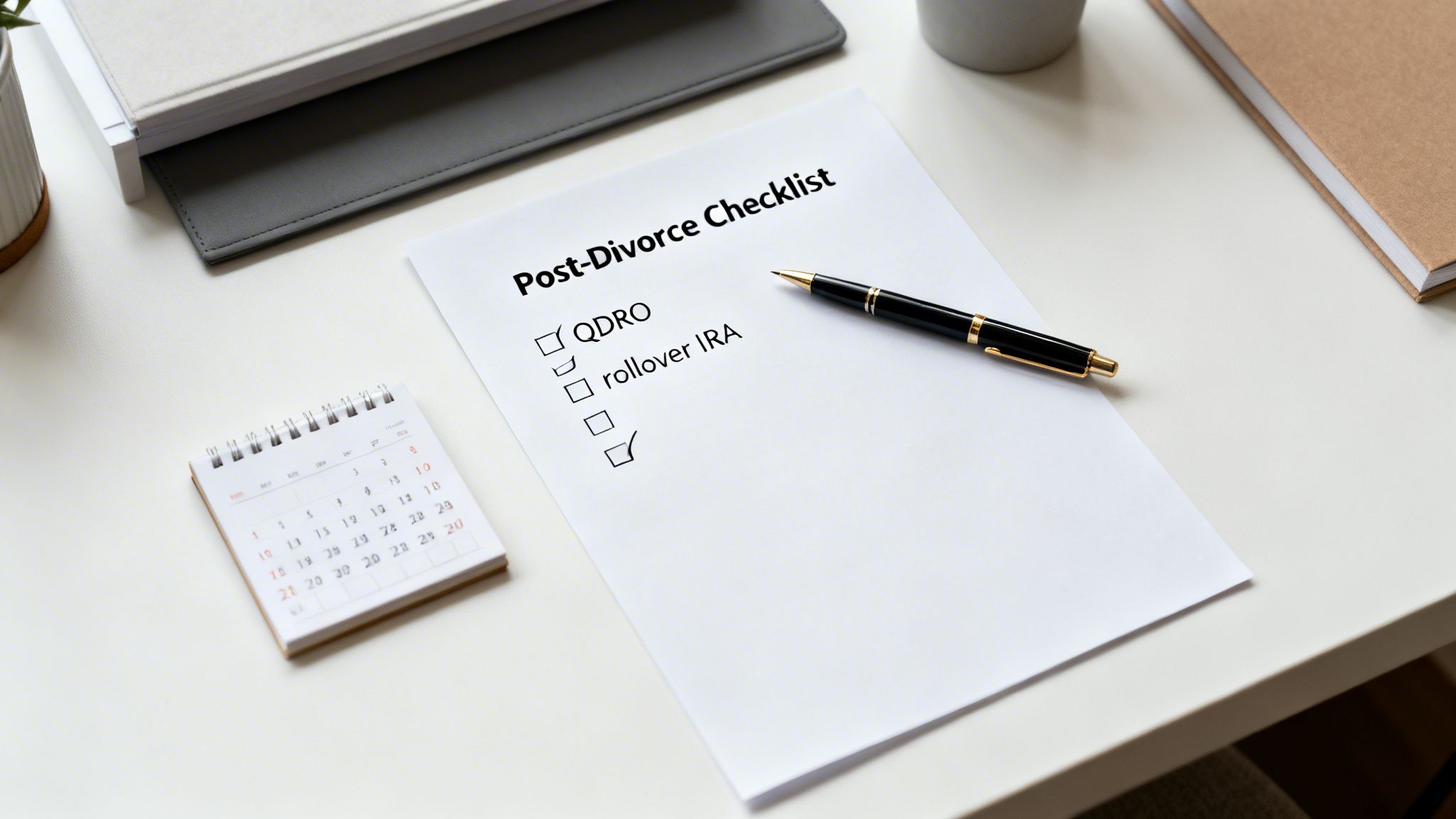 A 'Post-Divorce Checklist' document with QDRO and rollover IRA items, a pen, and a calendar on a desk.