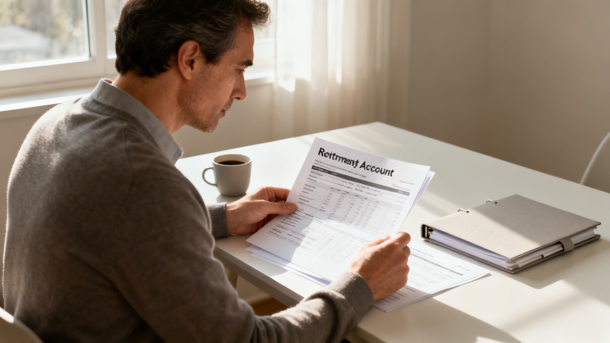 A man meticulously reviews his retirement account statement, sitting at a sunlit table with a coffee cup and binder.