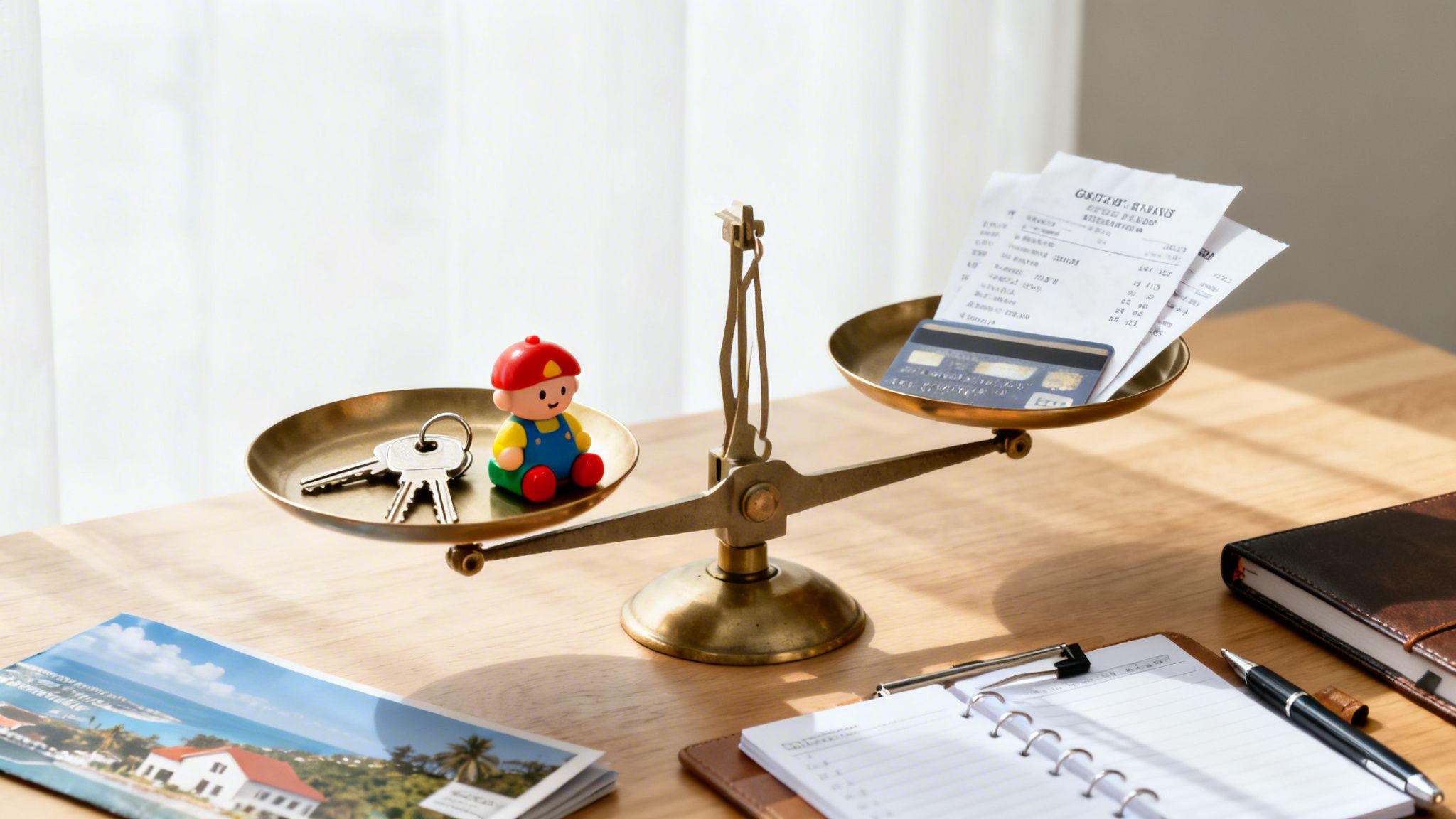 A balance scale weighing house keys and a toy child against receipts and a credit card.