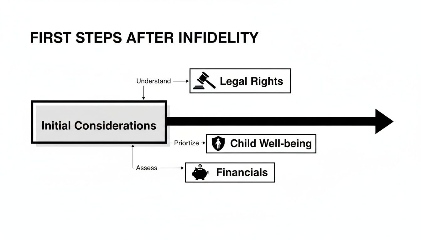 Flowchart outlining first steps after infidelity, covering legal rights, child well-being, and financials.