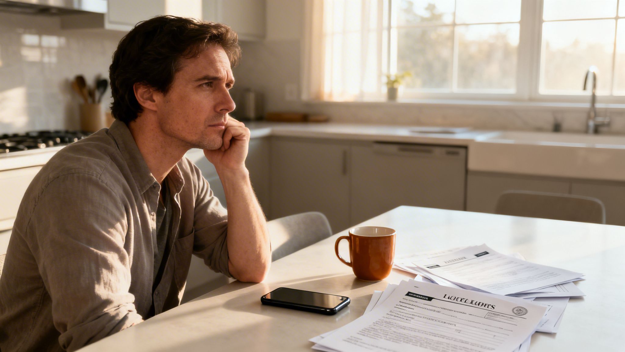 A pensive man sits at a kitchen table, looking at documents, contemplating difficult decisions.