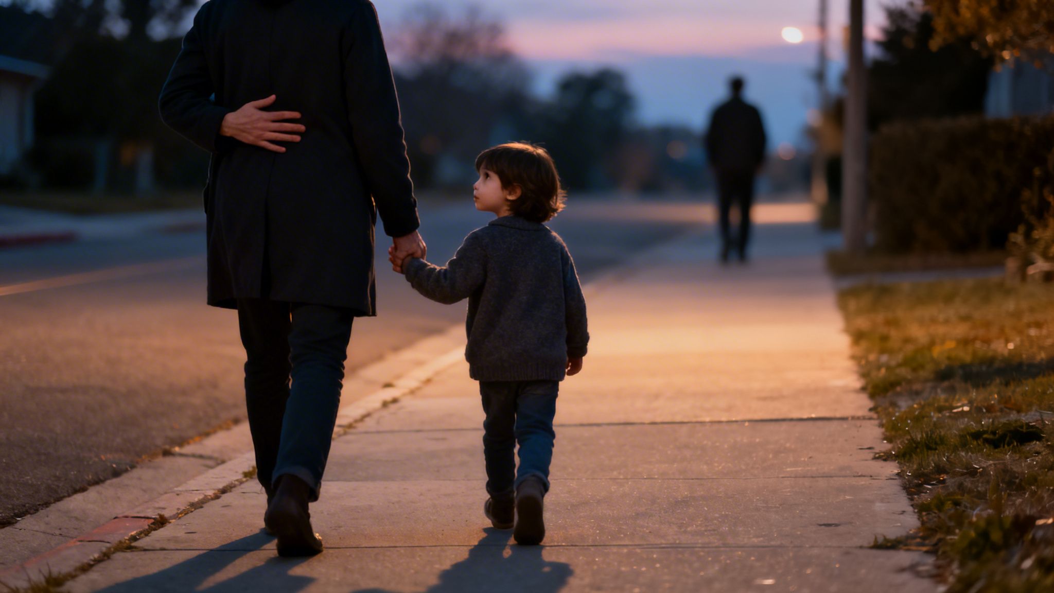 An adult and child holding hands walk on a sidewalk at dusk, with another figure in the distance.