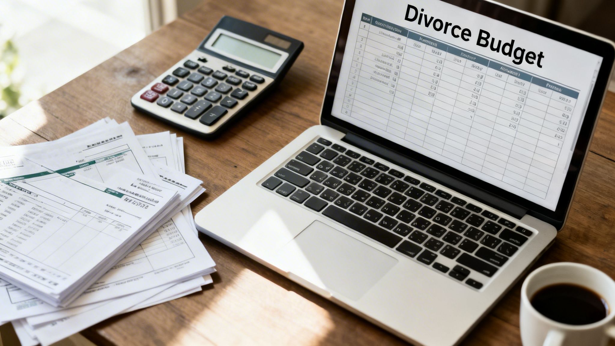 A laptop displaying a 'Divorce Budget' spreadsheet, calculator, papers, and coffee on a wooden desk.