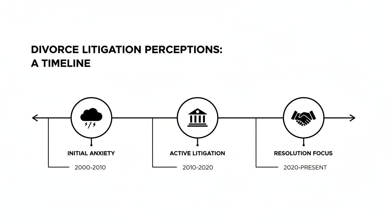 A timeline charting divorce litigation perceptions from initial anxiety (2000-2010) to active litigation (2010-2020) and resolution focus (2020-present).