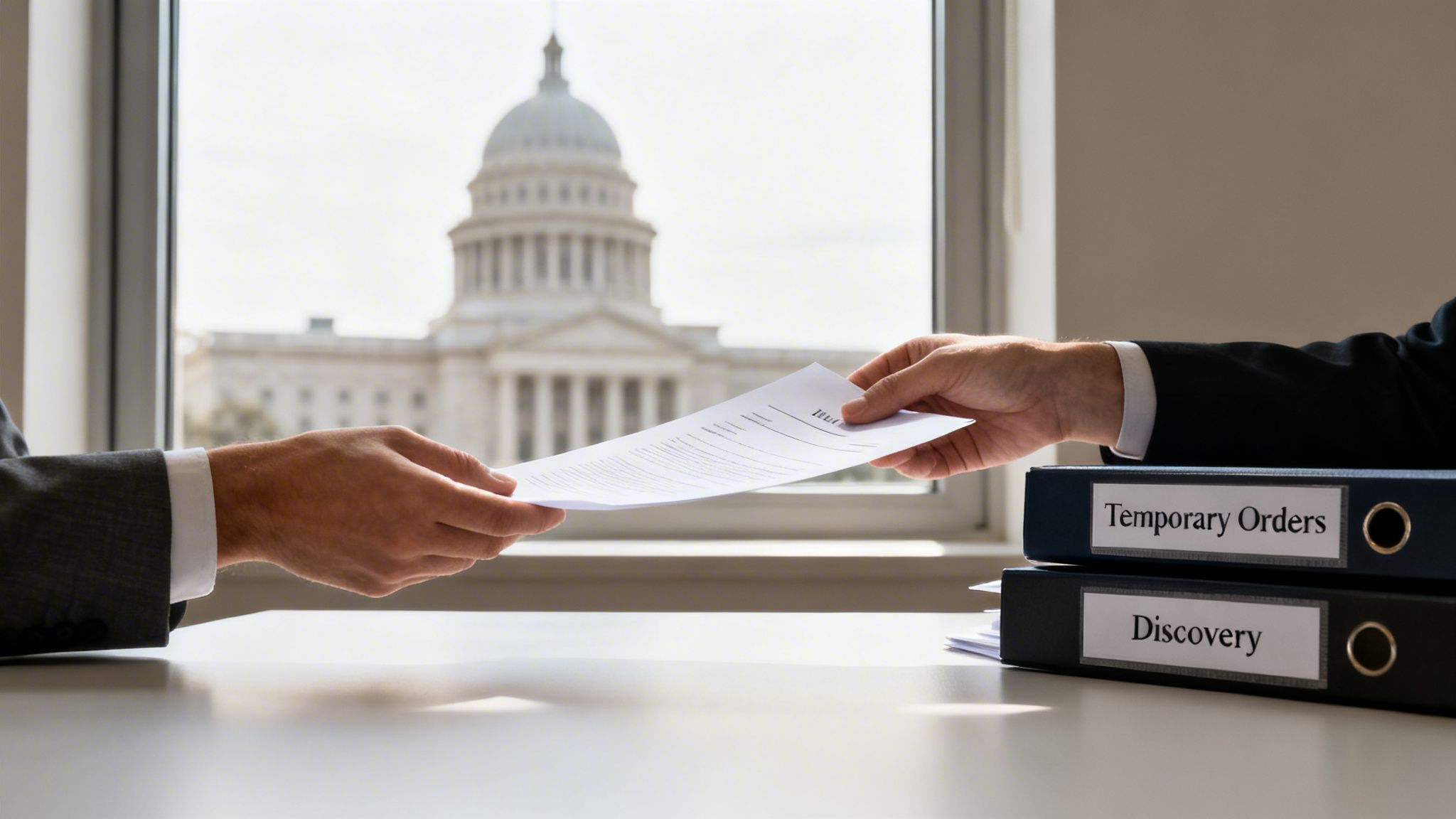 Two hands exchanging legal documents on a desk with binders, featuring a capitol building in the background.