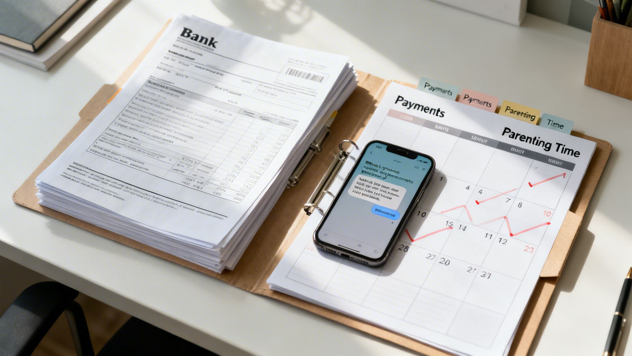 A desk with financial documents, a calendar tracking payments and parenting time, and a smartphone.