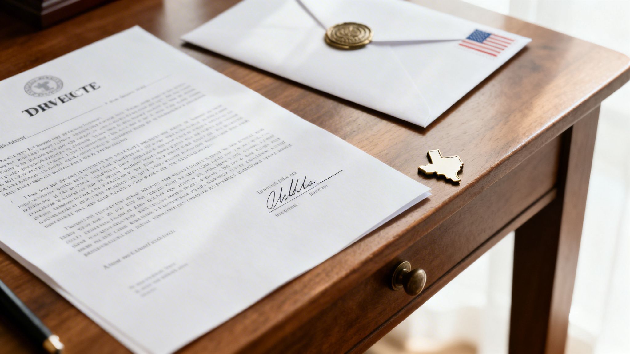 A legal document, a white envelope with a wax seal and US flag stamp, and a gold Texas pin on a wooden desk.