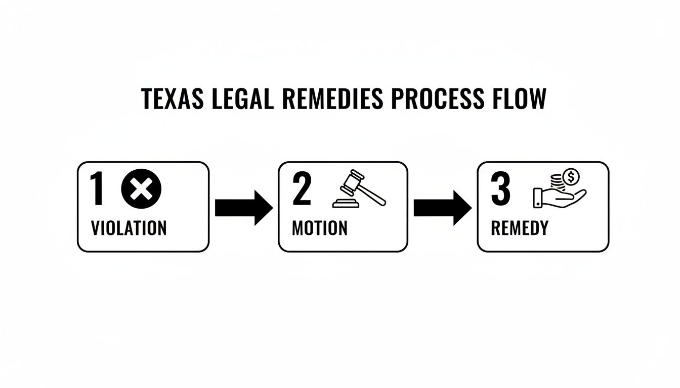 Flowchart illustrating the Texas legal remedies process: Violation leads to Motion, resulting in a Remedy.