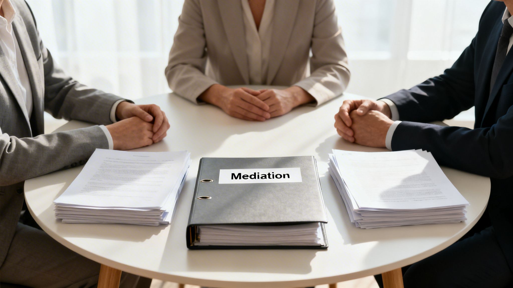 Three individuals engaged in a mediation meeting, with a binder labeled "Mediation" and documents on the table.
