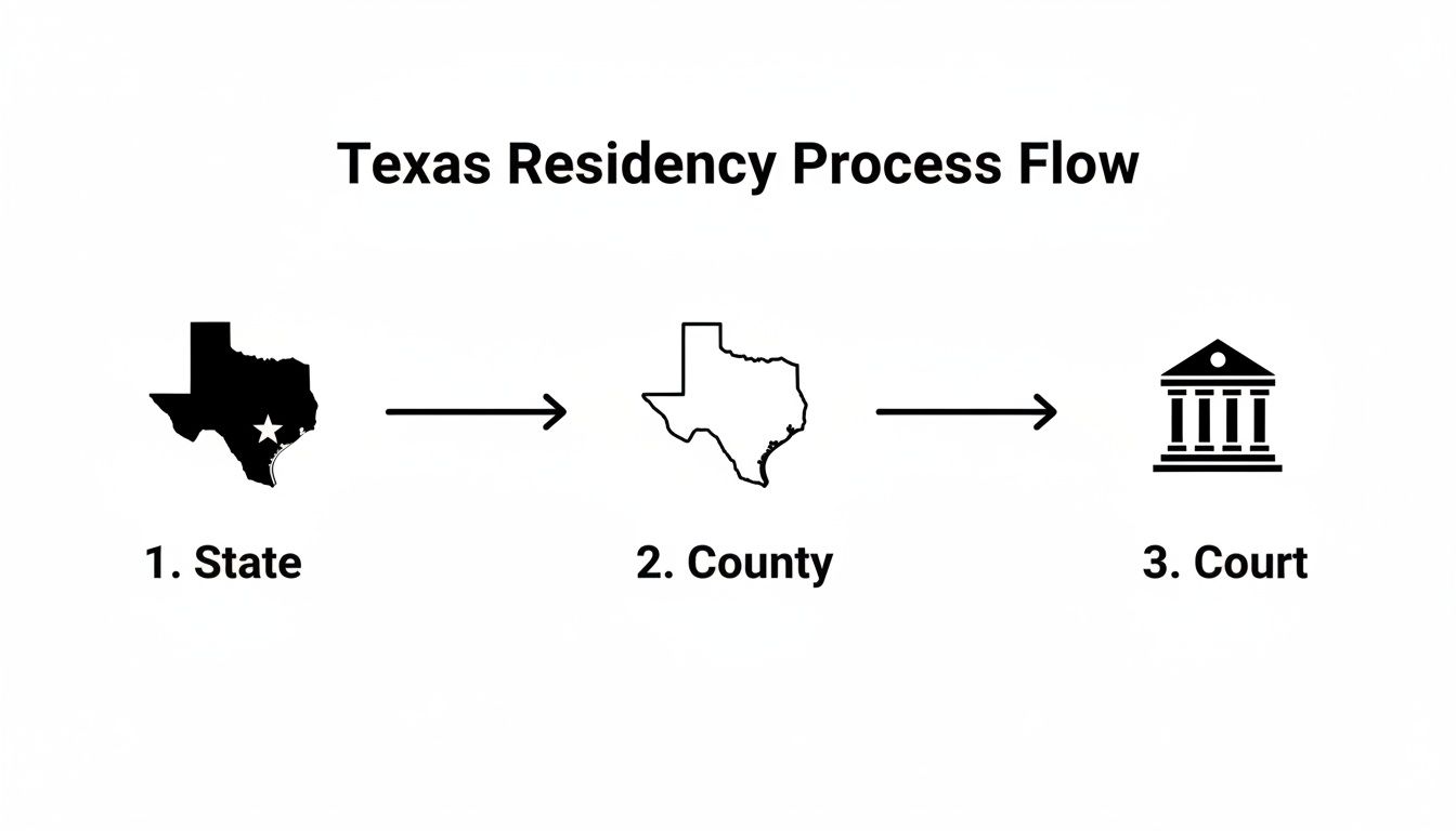 Flowchart illustrating the Texas Residency Process with three steps: State, County, and Court, connected by arrows.