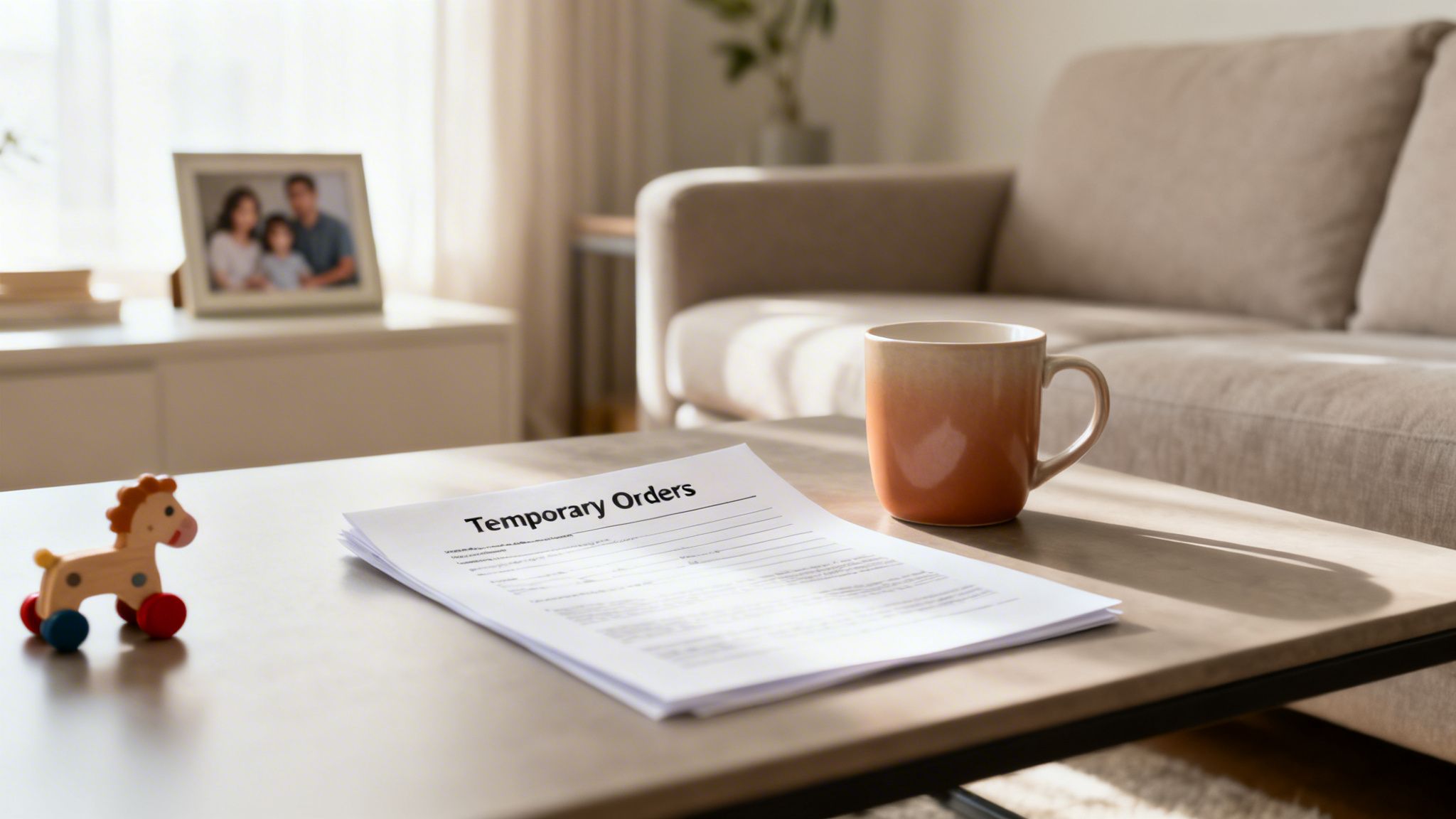 A document titled 'Temporary Orders' on a coffee table with a coffee mug, child's toy, and family photo in a home.