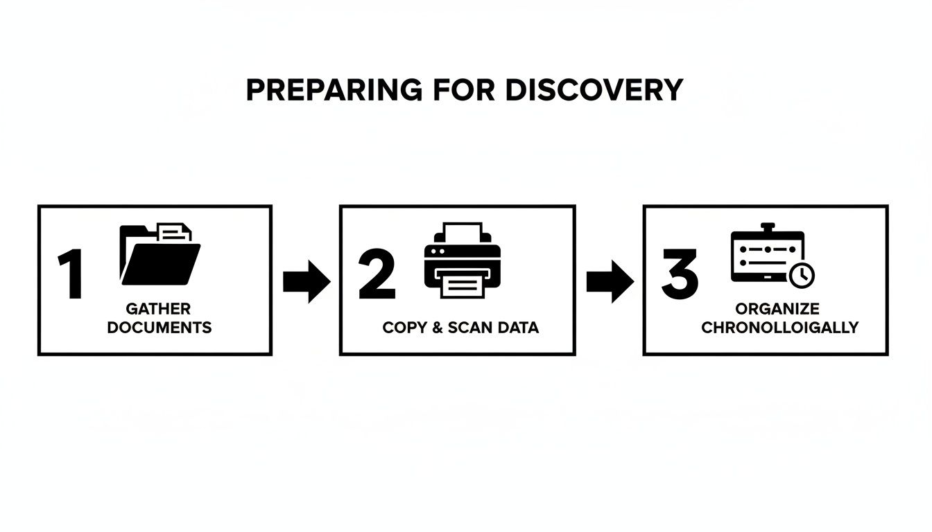 An infographic detailing three steps for discovery: gather documents, copy and scan data, and organize chronologically.