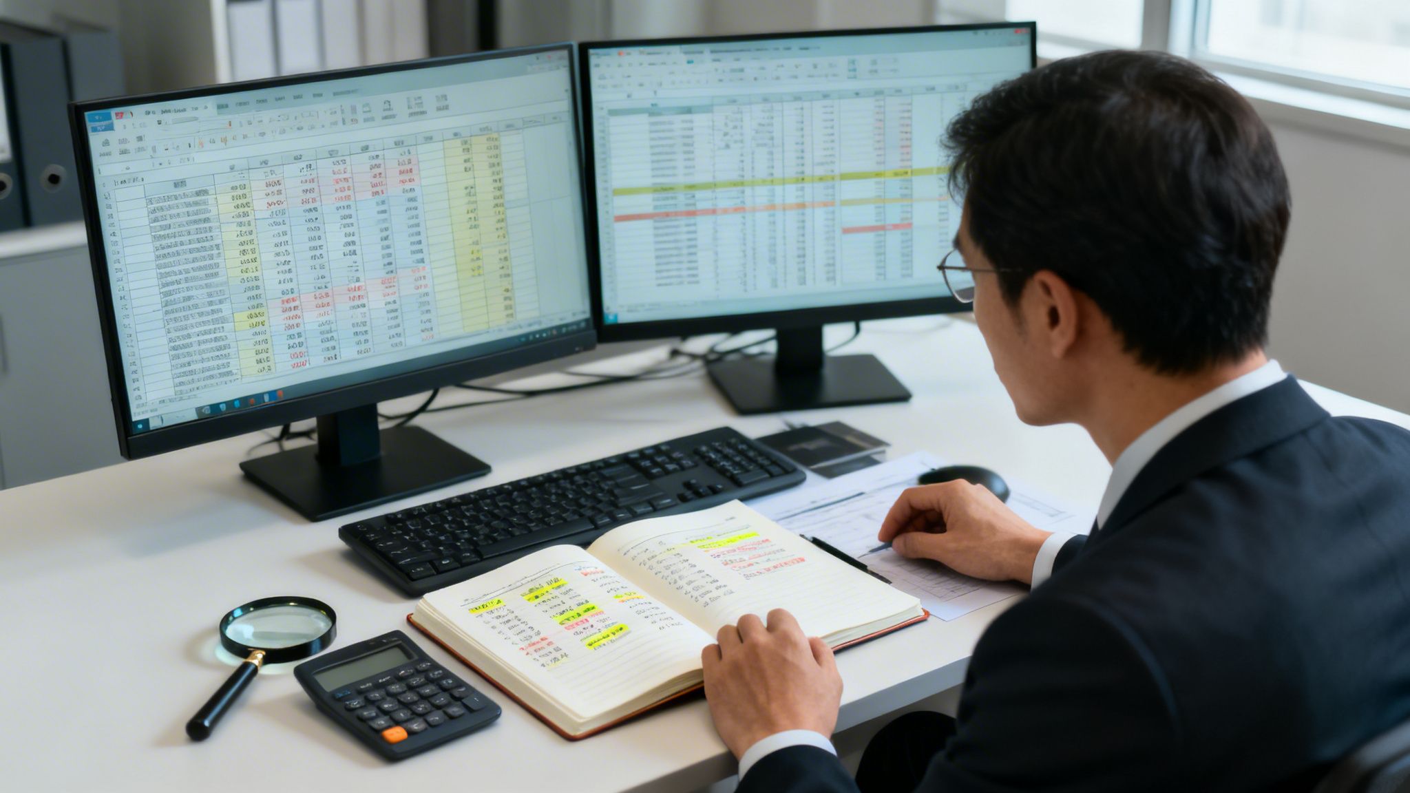 A professional man in a suit analyzes financial data on dual computer monitors, taking notes in a notebook.