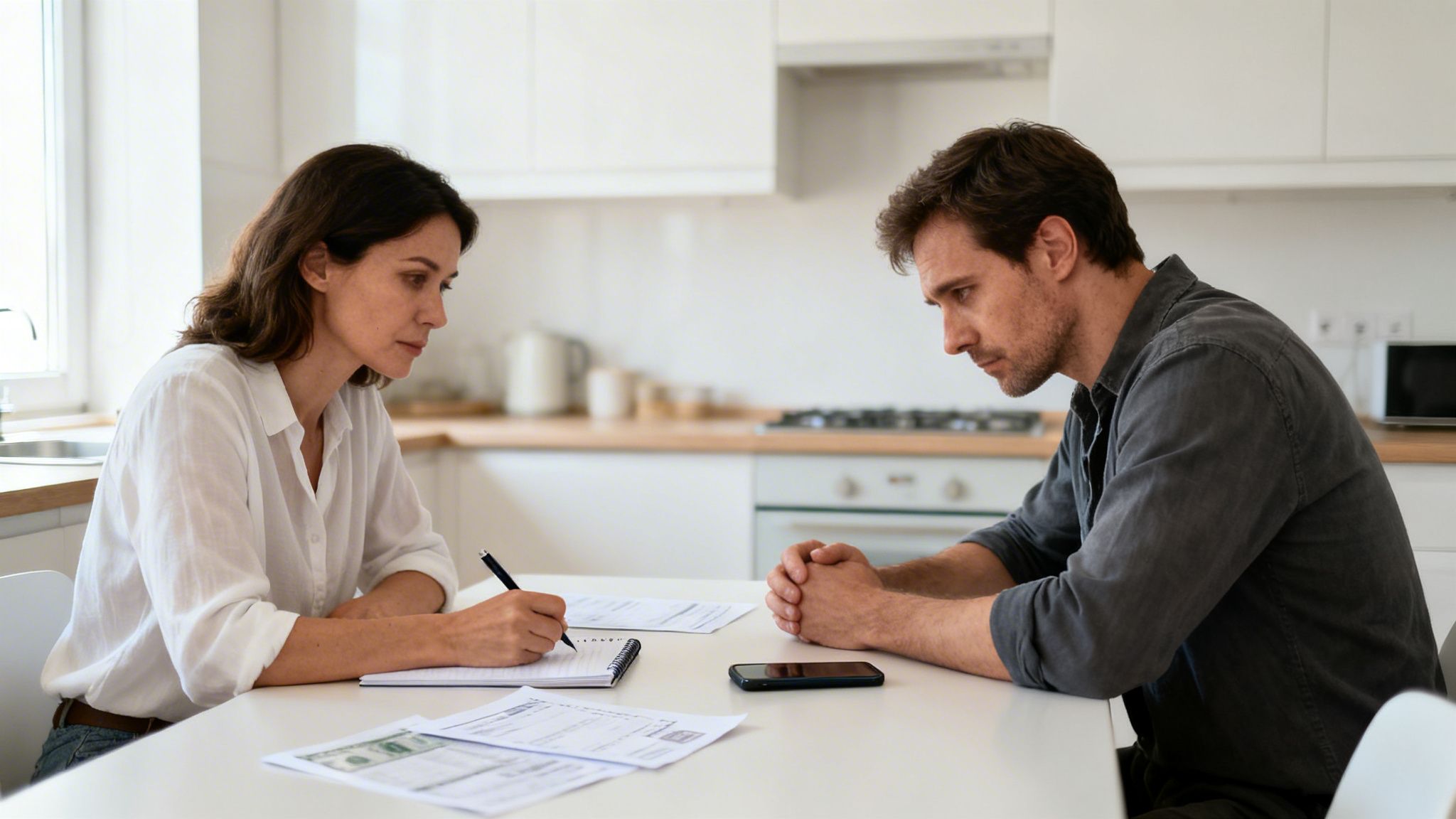 Stressed couple reviews legal documents and finances at a kitchen table during divorce.